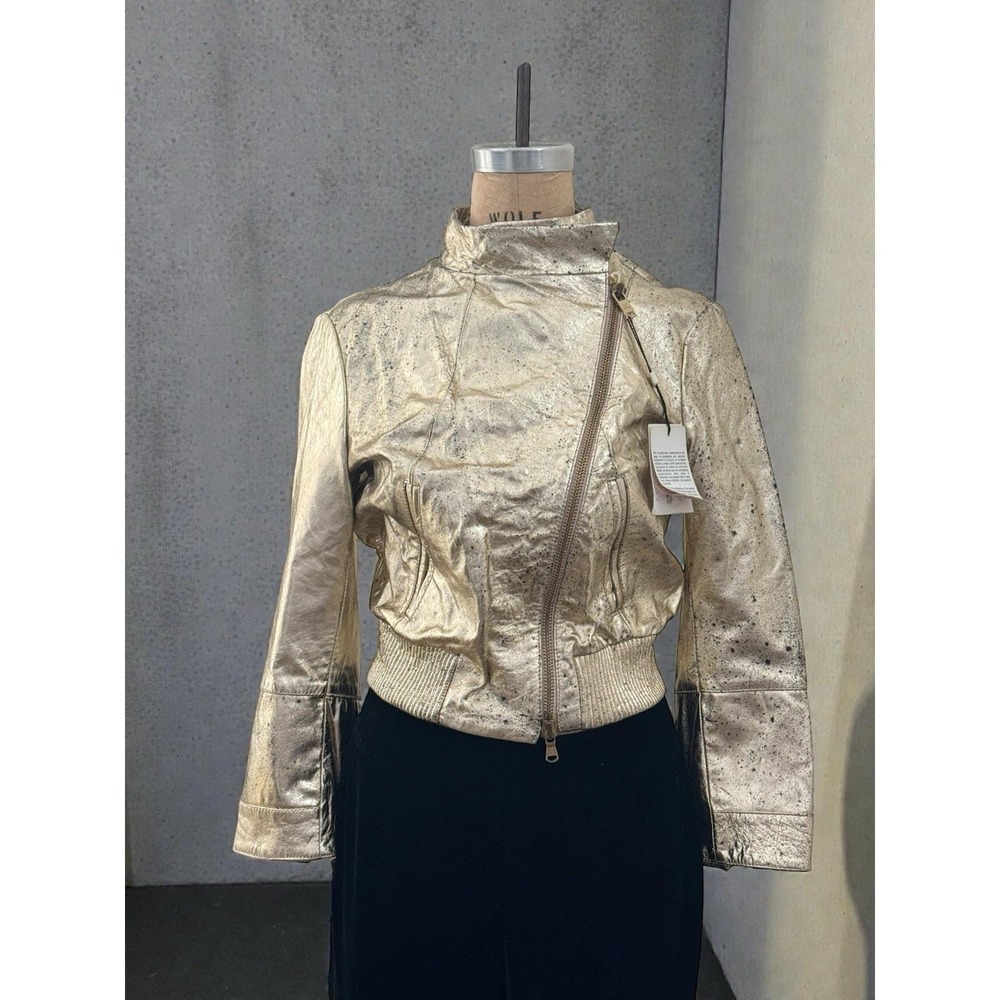 GIANFRANCO FERRE Biker Jacket Gold Leather Lame WOMEN'S Cropped Italy Sz 36